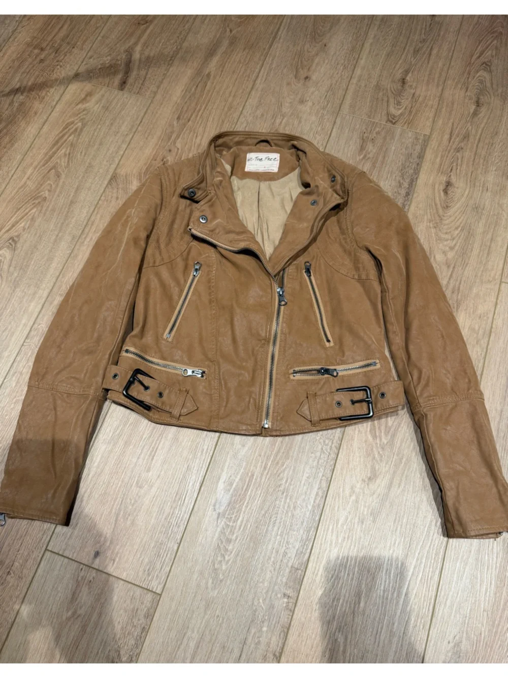We The Free tan brown vegan‎ leather biker jacket